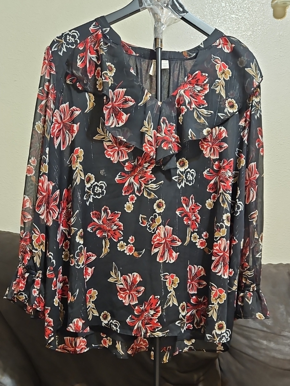 Cato Black Blouse with Red and Gold Floral Print